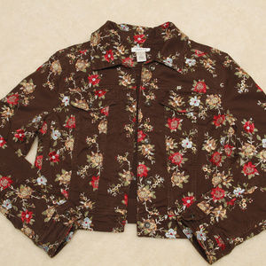 denim brown jacket with red  gold flowers embroide